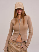 SMFK Distressed Camo Cotton Baseball Cap in Beige - On Female Model