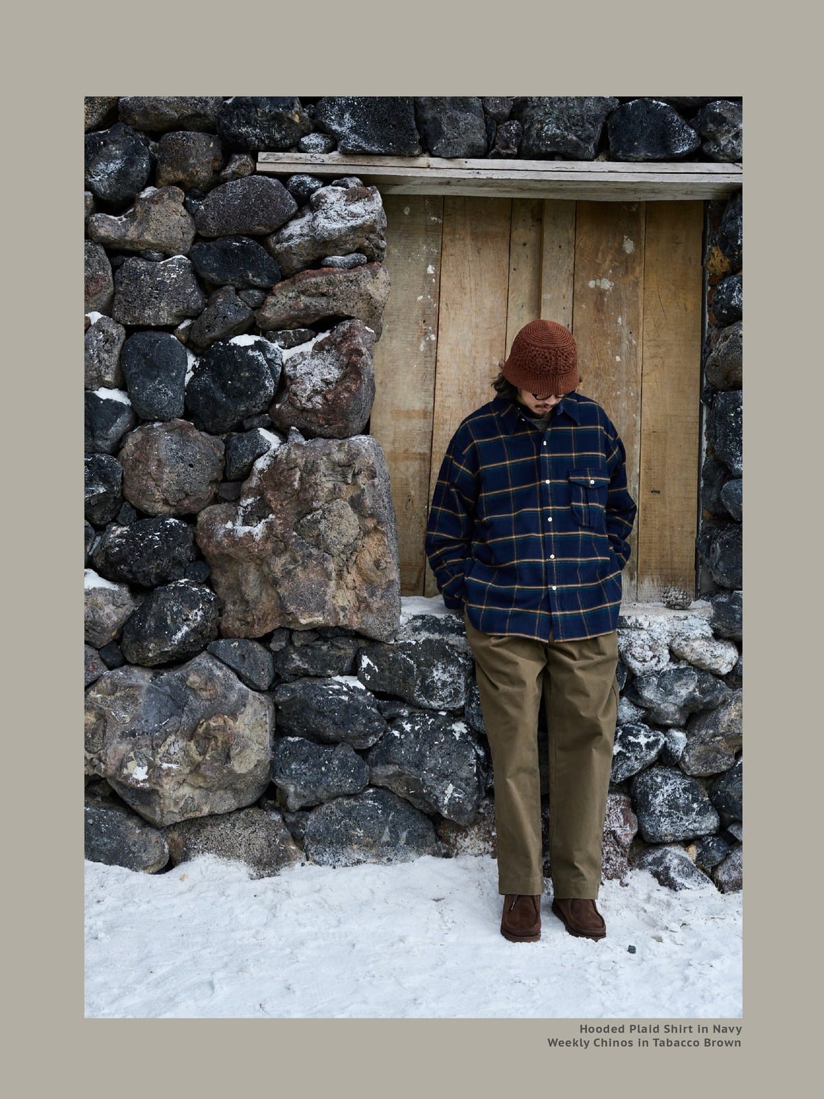 USAGE Detachable Hood Cotton Plaid Shirt in Navy Blue - On Male Model