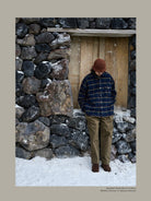 USAGE Detachable Hood Cotton Plaid Shirt in Navy Blue - On Male Model