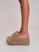 SMFK Cross Hardware Shearling High Heel Mules in Beige - On Female Model