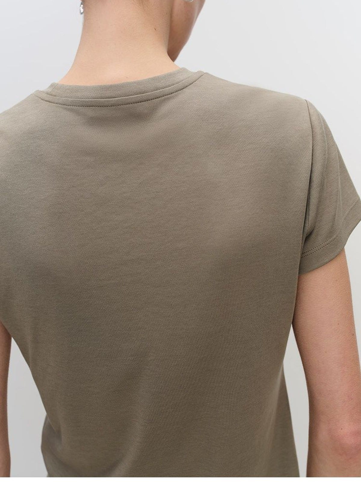MSBEAST Acetate Cotton Flutter Sleeve T Shirt in Beige - On Model