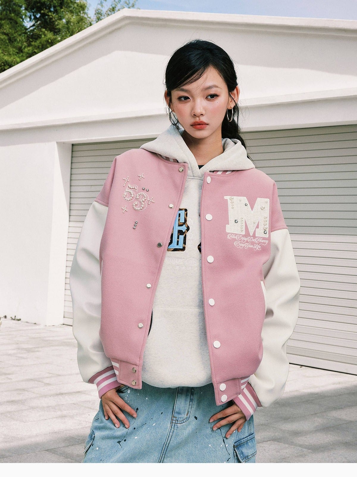 MEDM Pearl Embellished Varsity Jacket in Pink - On Female Model