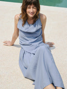 TEASEL Crinkled Silk Blend Shirt Pants Set in Sky Blue - On Female Model