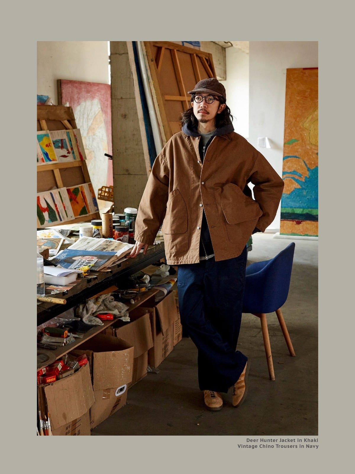USAGE Heavyweight Canvas Hunting Jacket in Beige - On Male Model