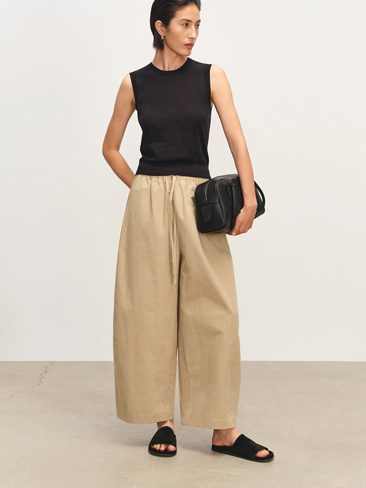 MSBEAST Paper Texture Cotton Balloon Pants in Beige - On Female Model