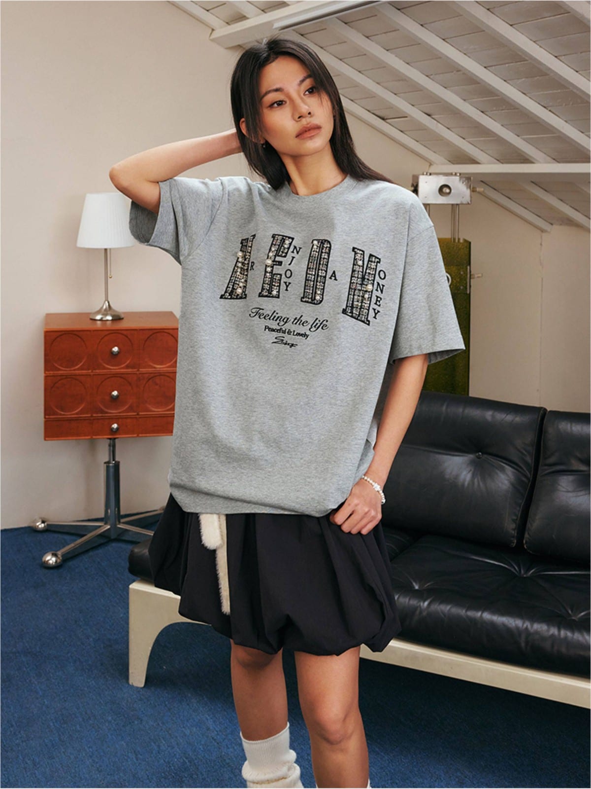 MEDM Pearl Embellished Letter Cotton T Shirt in Gray - On Female Model