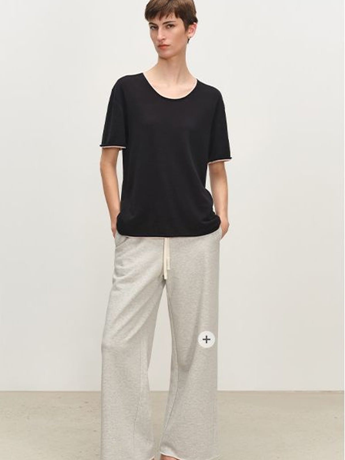 MSBEAST Rolled Edge Silk Cotton U Neck T Shirt in Black - On Female Model