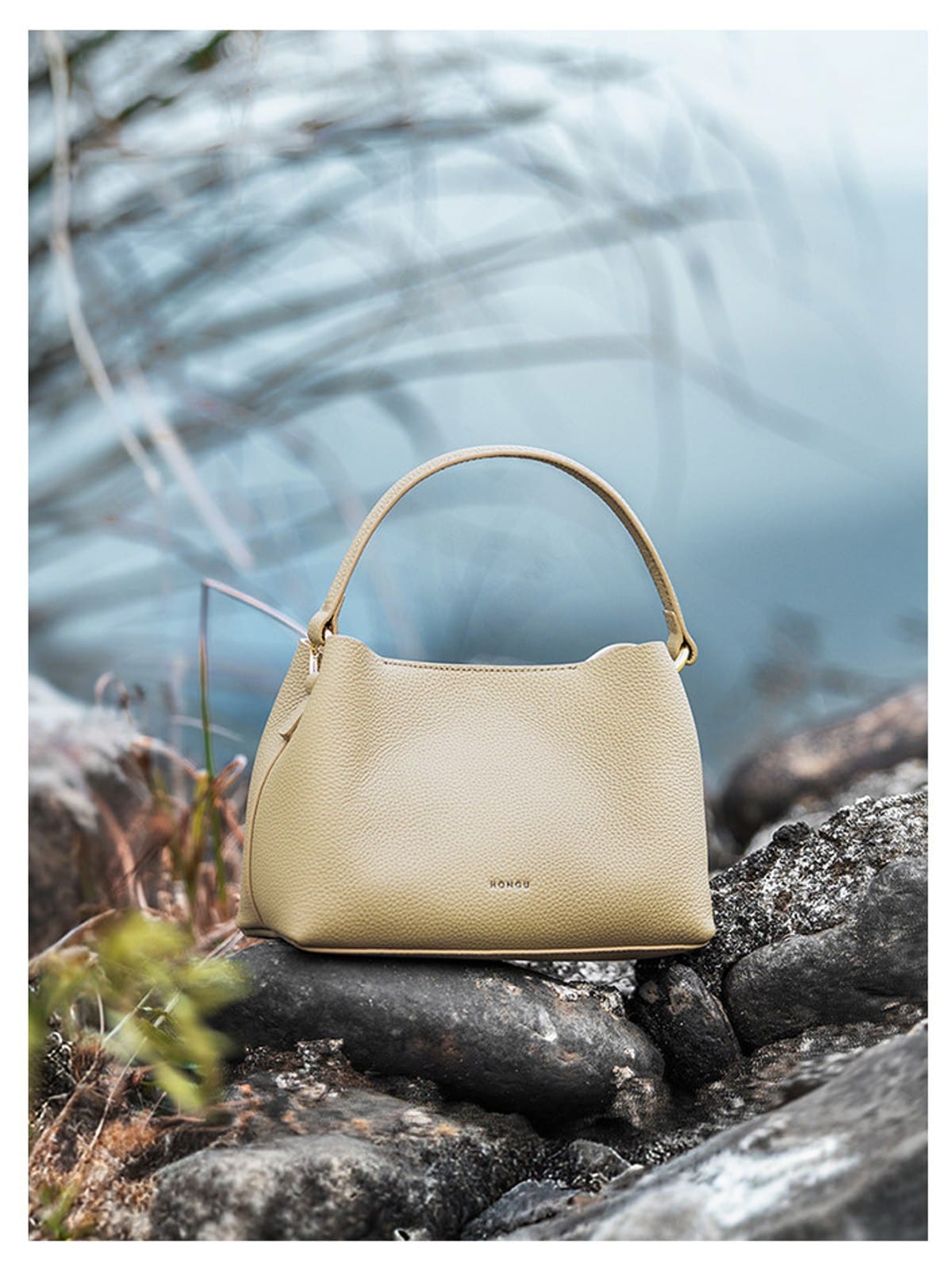 HONGU Cowhide Crossbody Bucket Bag in Beige - Lifestyle