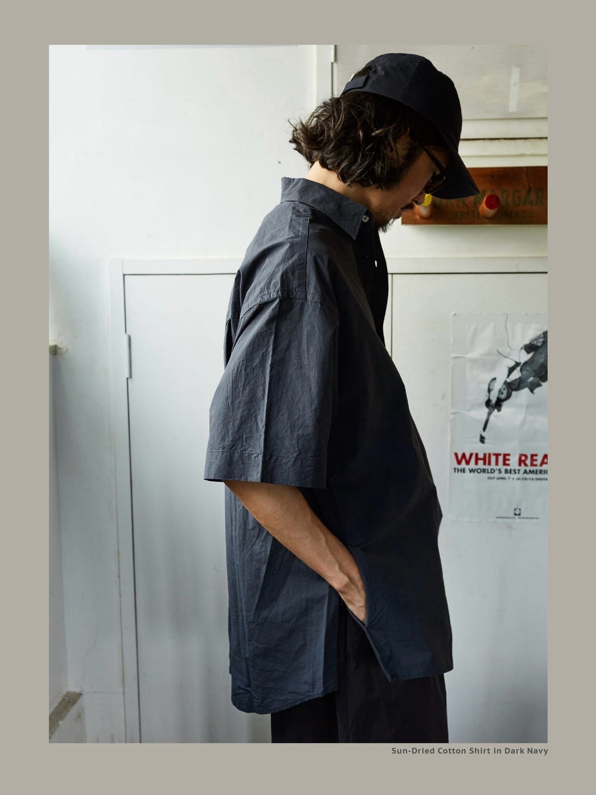 USAGE Cotton Crinkle Short Sleeve Shirt in Navy Blue - On Male Model