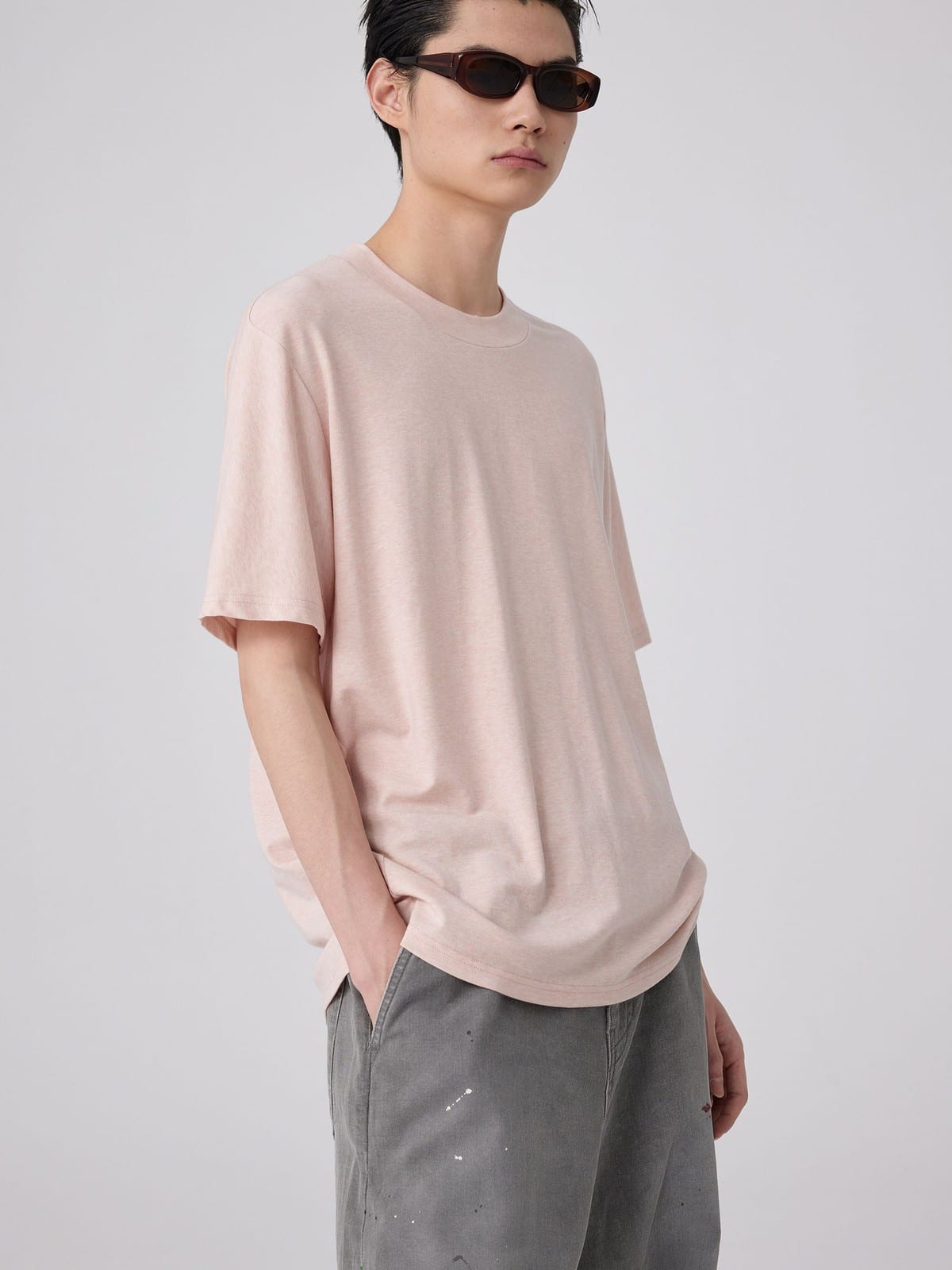 SIMPLE PROJECT Wool Blend Crewneck T Shirt in Pink - On Male Model