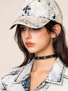 SMFK Distressed Cross Embroidered Baseball Cap in Sky Blue - On Female Model