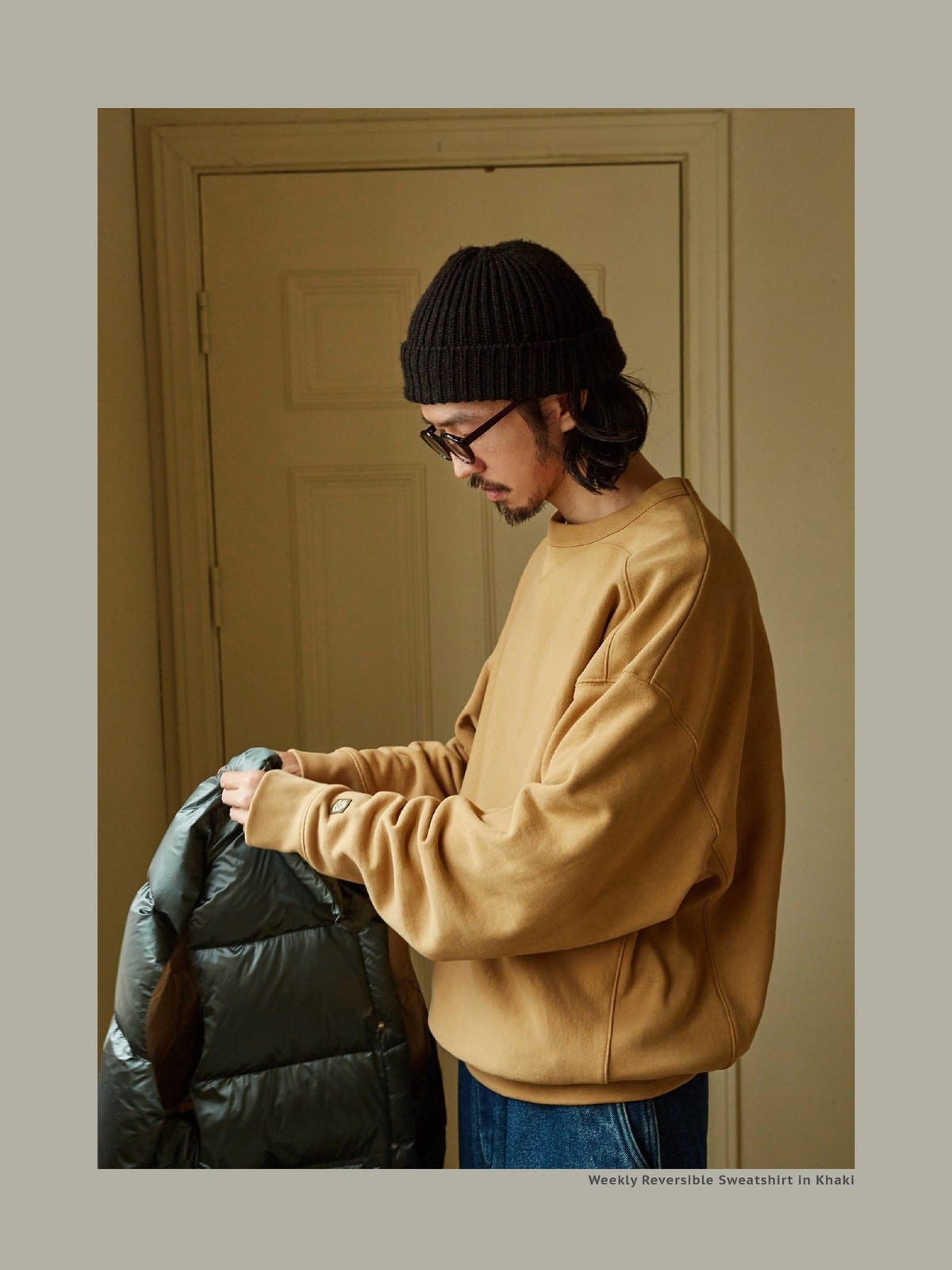 USAGE Reversible Cotton Crewneck Sweatshirt in Beige - On Male Model