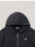 SMFK Distressed Washed Cotton Zip Up Hoodie in Gray - Detail
