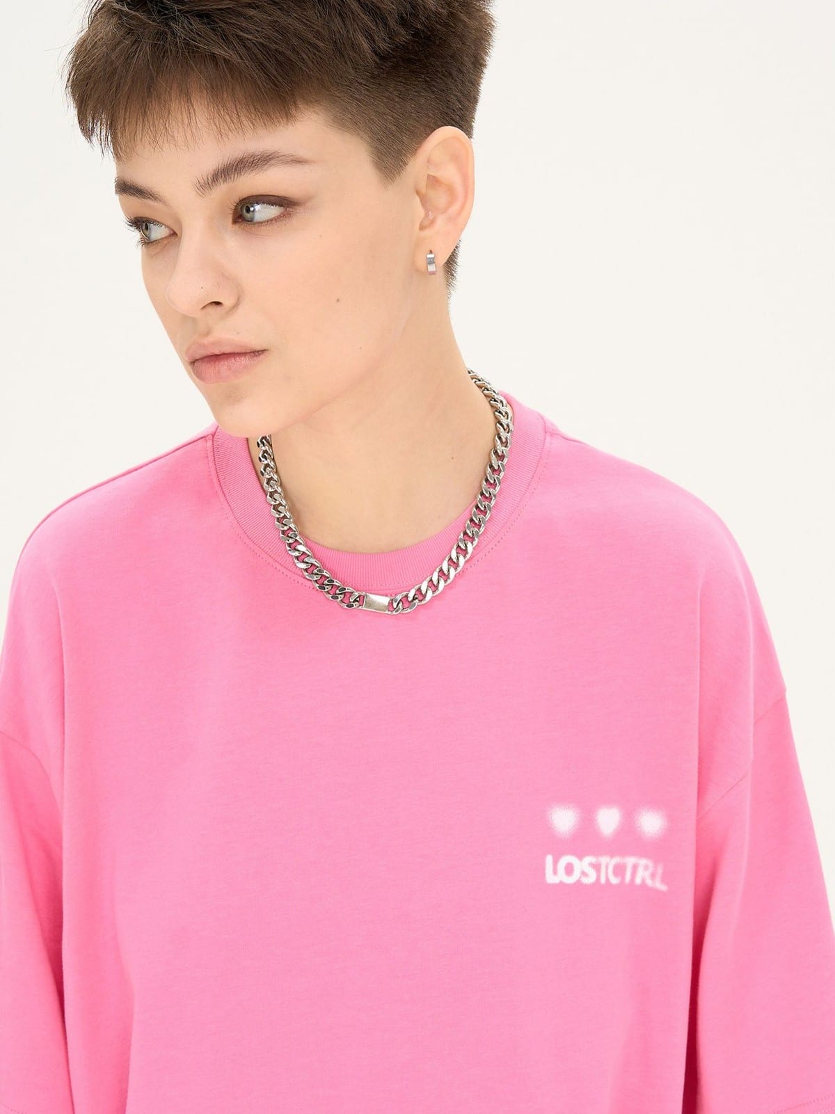 LOSTCTRL Blurred Heart Graphic Cotton T Shirt in Pink - On Female Model