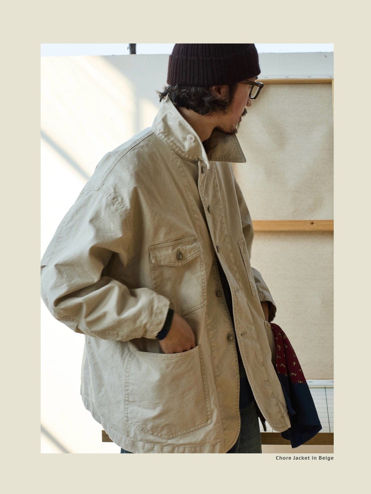USAGE Washed Heavyweight Cotton Chore Jacket in Beige - On Male Model