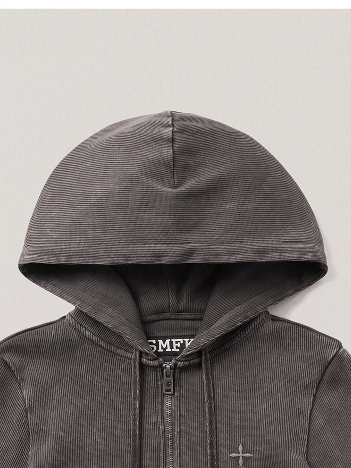 SMFK Vintage Wash Zip Up Cotton Hoodie in Gray - Detail
