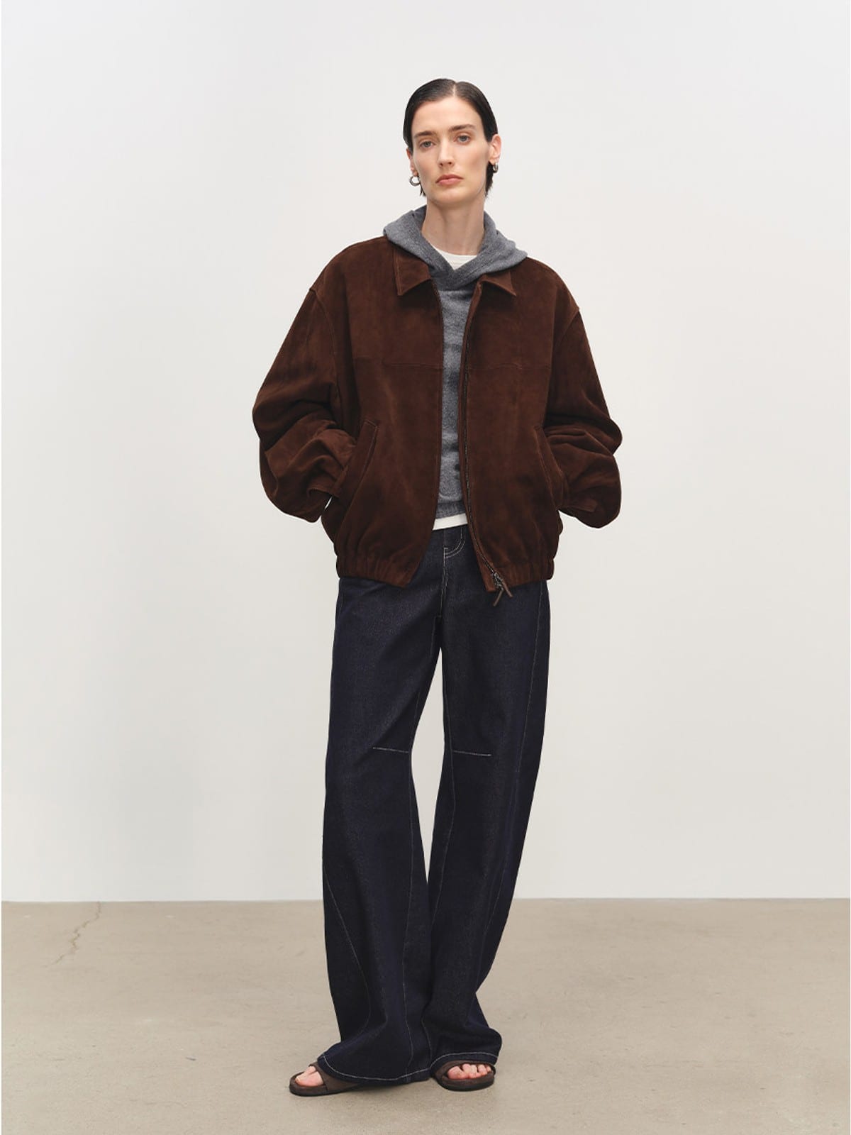 MSBEAST Broad Shoulder Sheepskin Jacket in Brown - On Female Model
