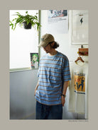 USAGE Retro Striped Cotton T Shirt in Blue - On Male Model