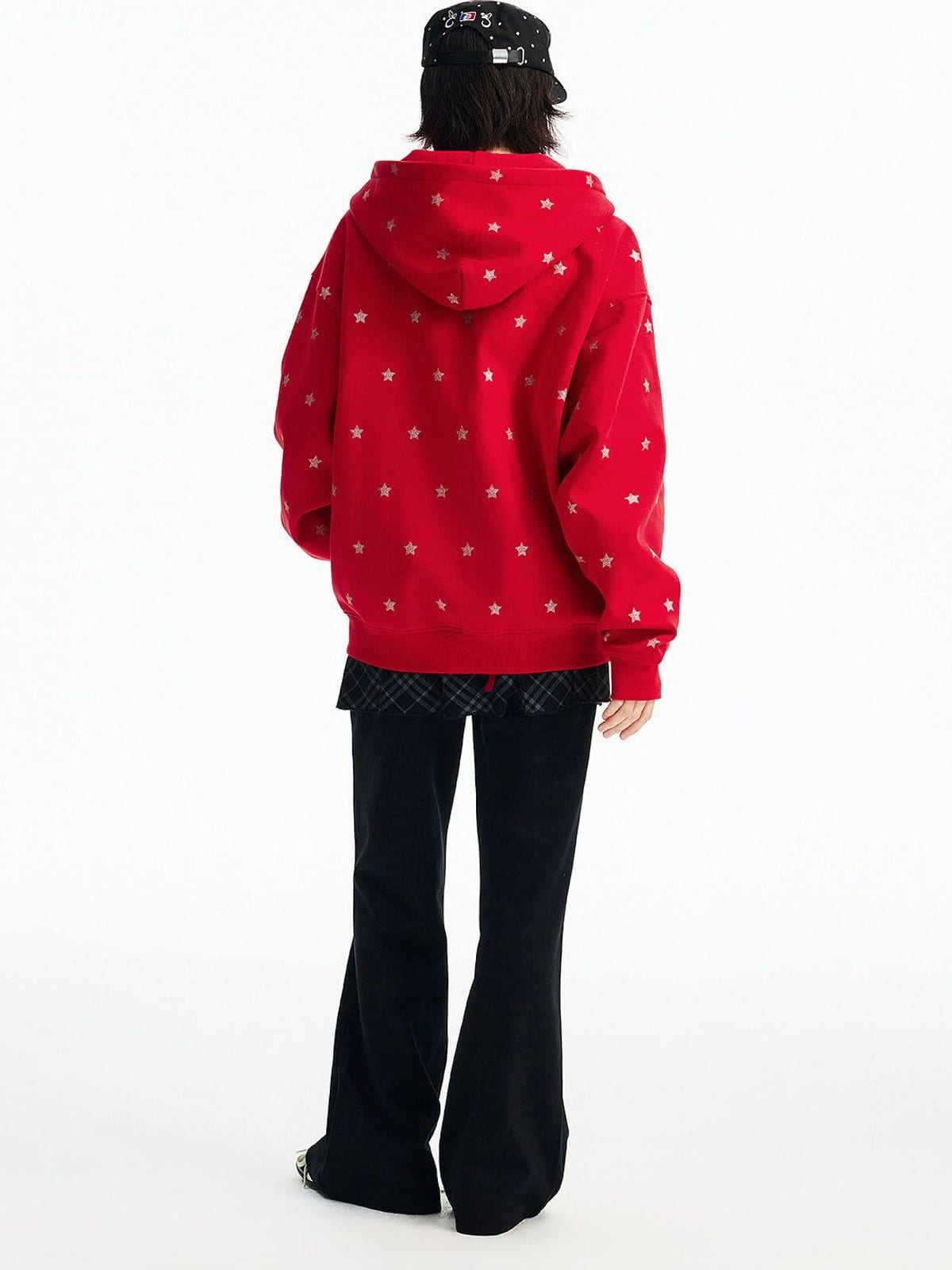 MEDM Fleece Lined Star Print Zip Hoodie in Red - On Model