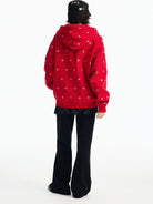 MEDM Fleece Lined Star Print Zip Hoodie in Red - On Model