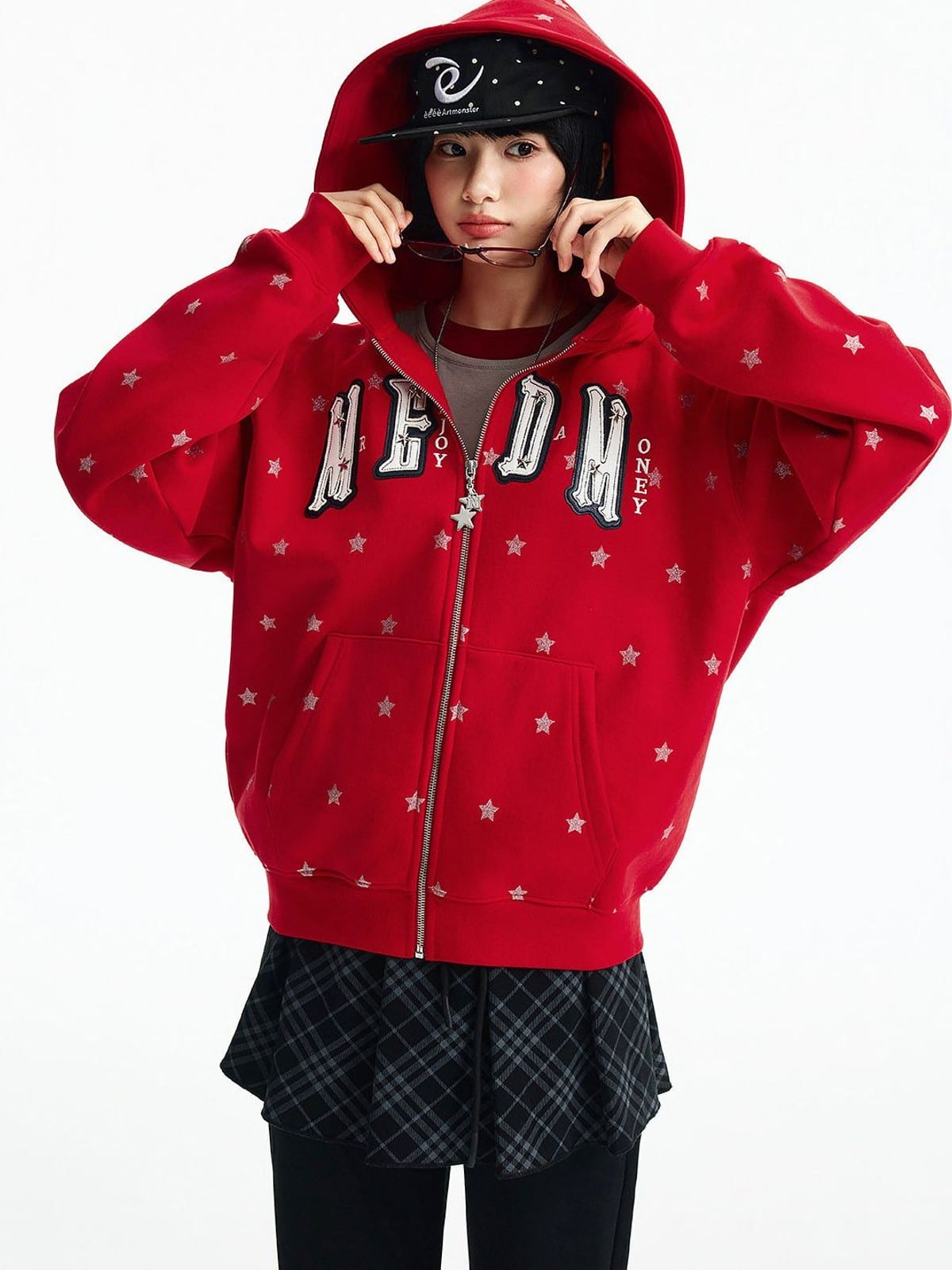 MEDM Fleece Lined Star Print Zip Hoodie in Red - On Female Model