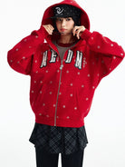 MEDM Fleece Lined Star Print Zip Hoodie in Red - On Female Model