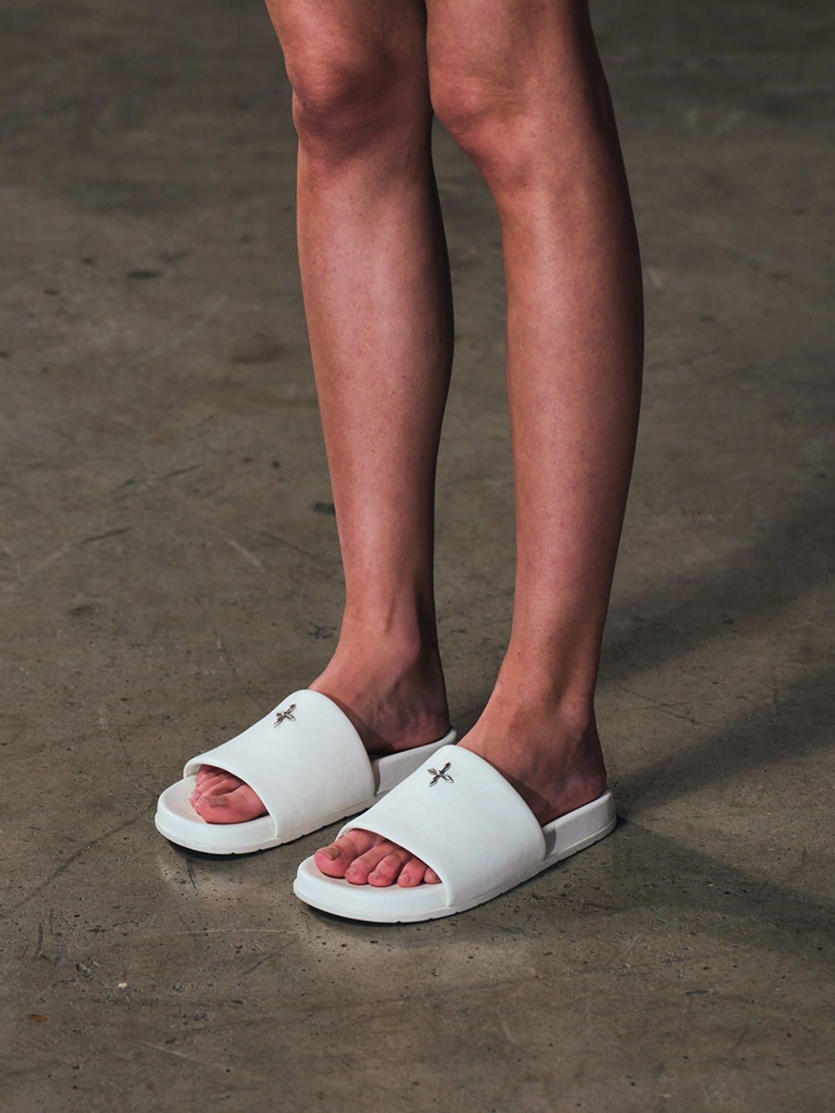 SMFK Leather Cross Detail Slide Sandals in White - On Model