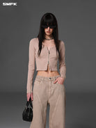 SMFK Ribbed Zip Up Cropped Cardigan in Beige - On Female Model