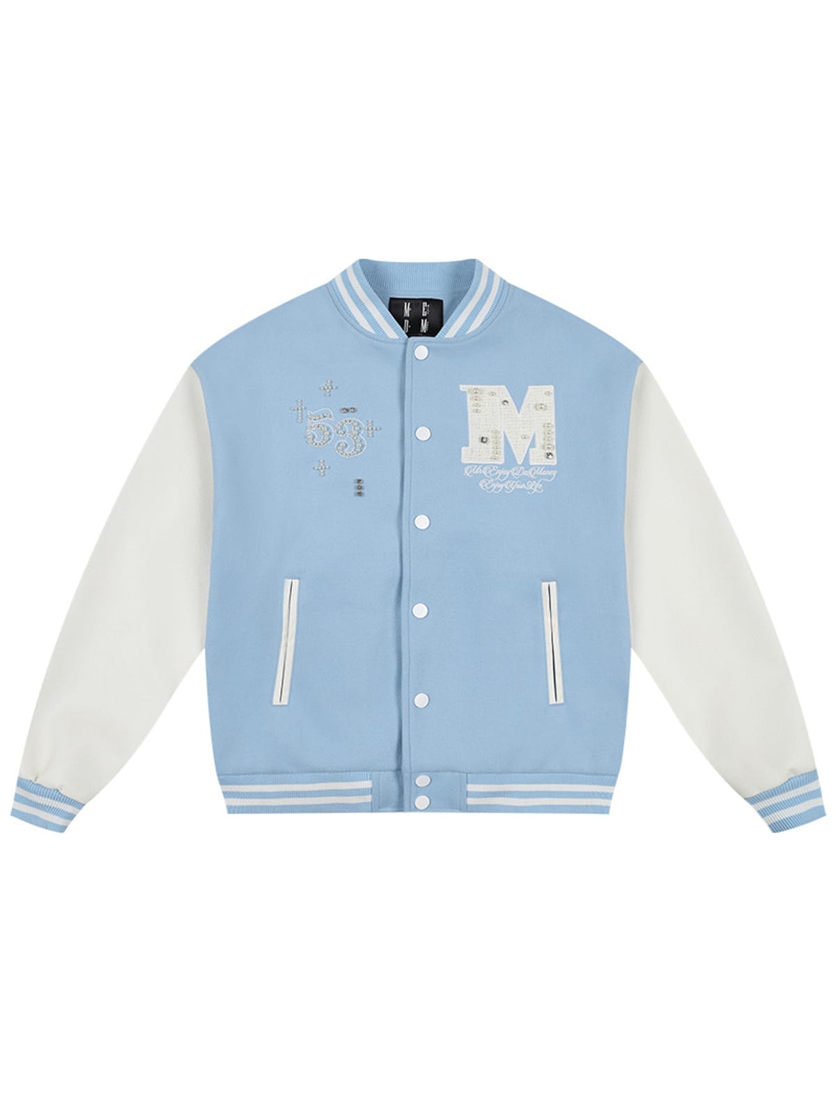 MEDM Pearl Embellished Varsity Jacket in Sky Blue