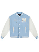 MEDM Pearl Embellished Varsity Jacket in Sky Blue
