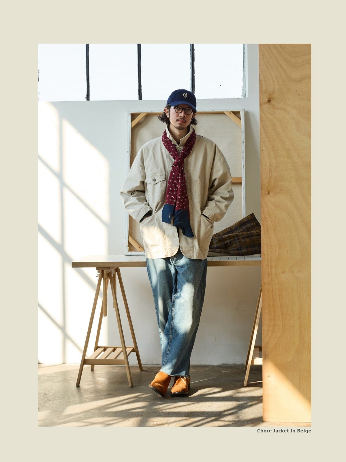USAGE Washed Heavyweight Cotton Chore Jacket in Beige - On Male Model
