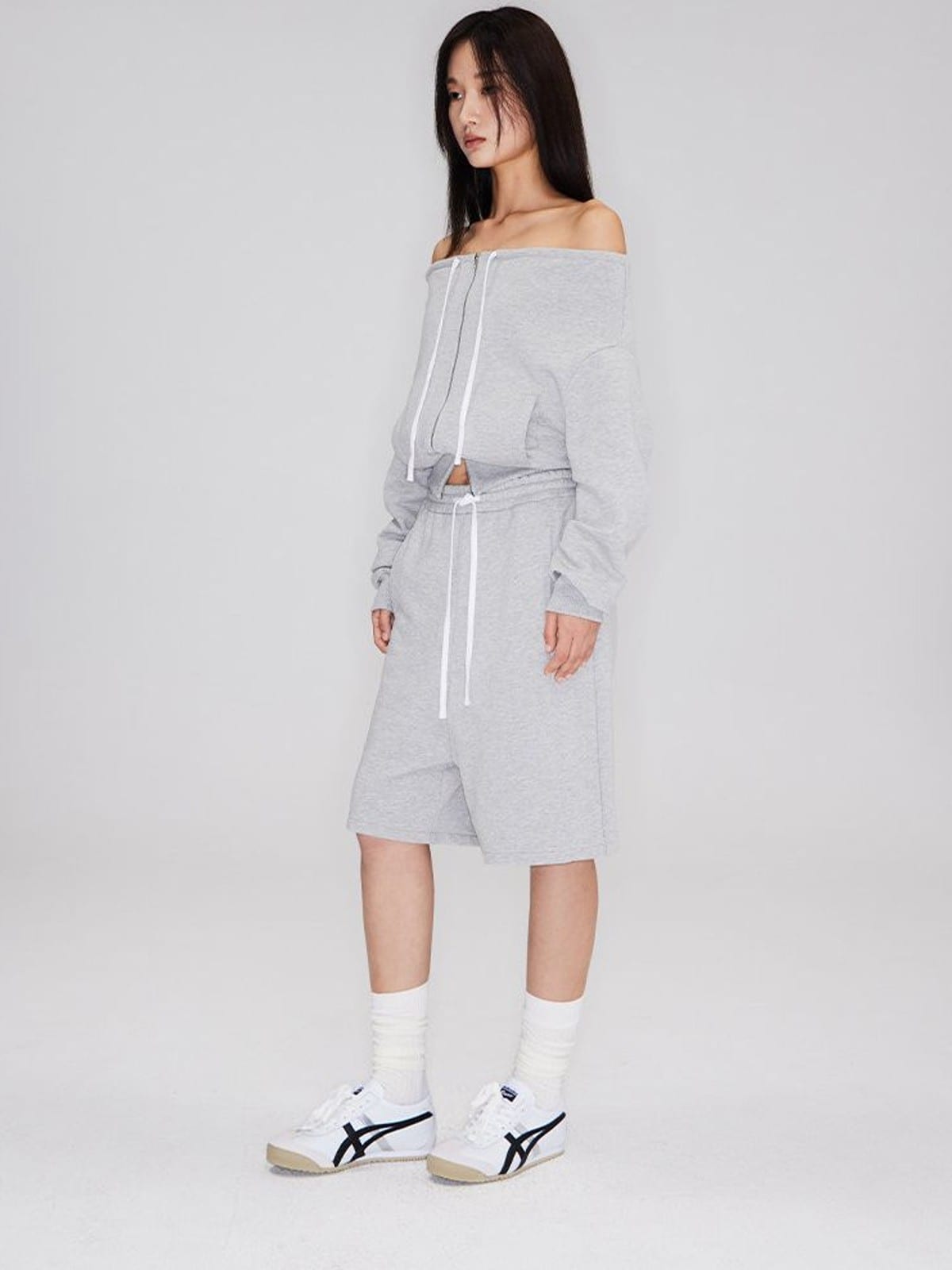 RARELY ALIKE Off Shoulder Zip Up Sweatshirt in Gray - On Female Model