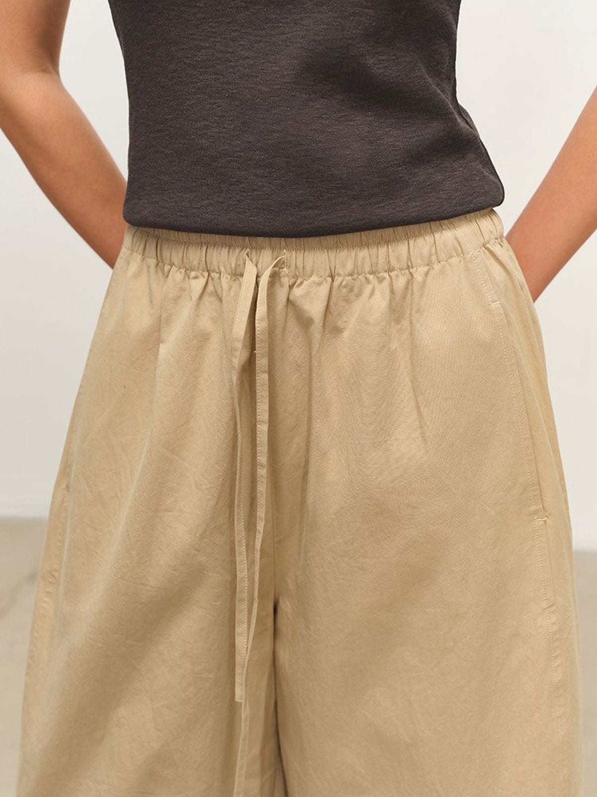 MSBEAST Paper Texture Cotton Balloon Pants in Beige - On Female Model