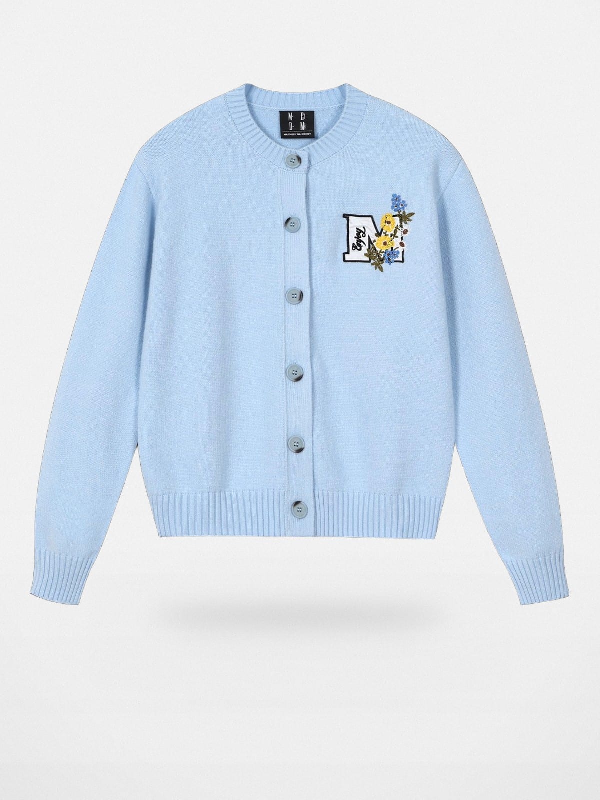 MEDM Floral Embroidered Knit Cardigan in Sky Blue