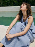 TEASEL Crinkled Silk Blend Shirt Pants Set in Sky Blue - On Female Model