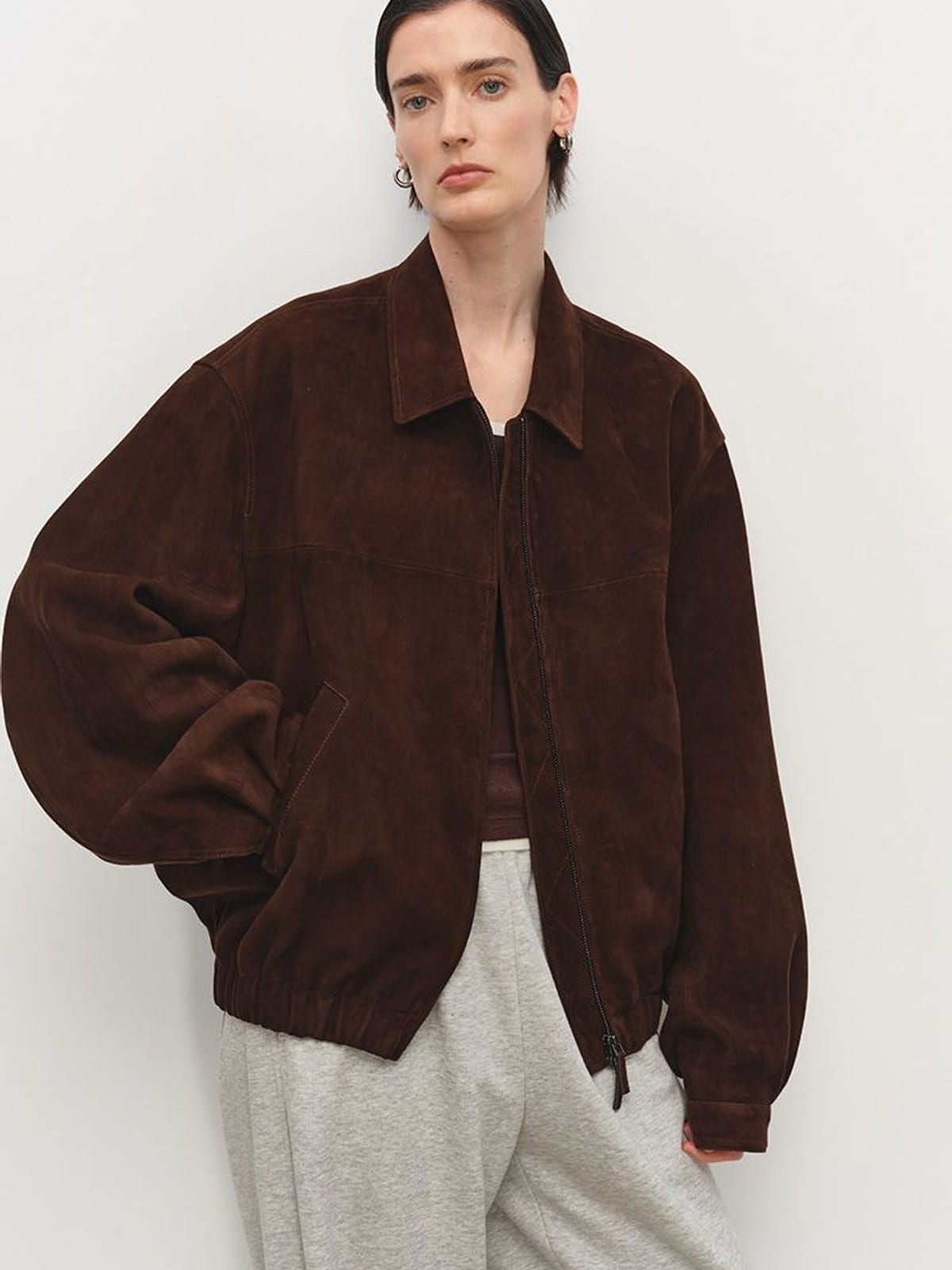 MSBEAST Broad Shoulder Sheepskin Jacket in Brown - On Female Model