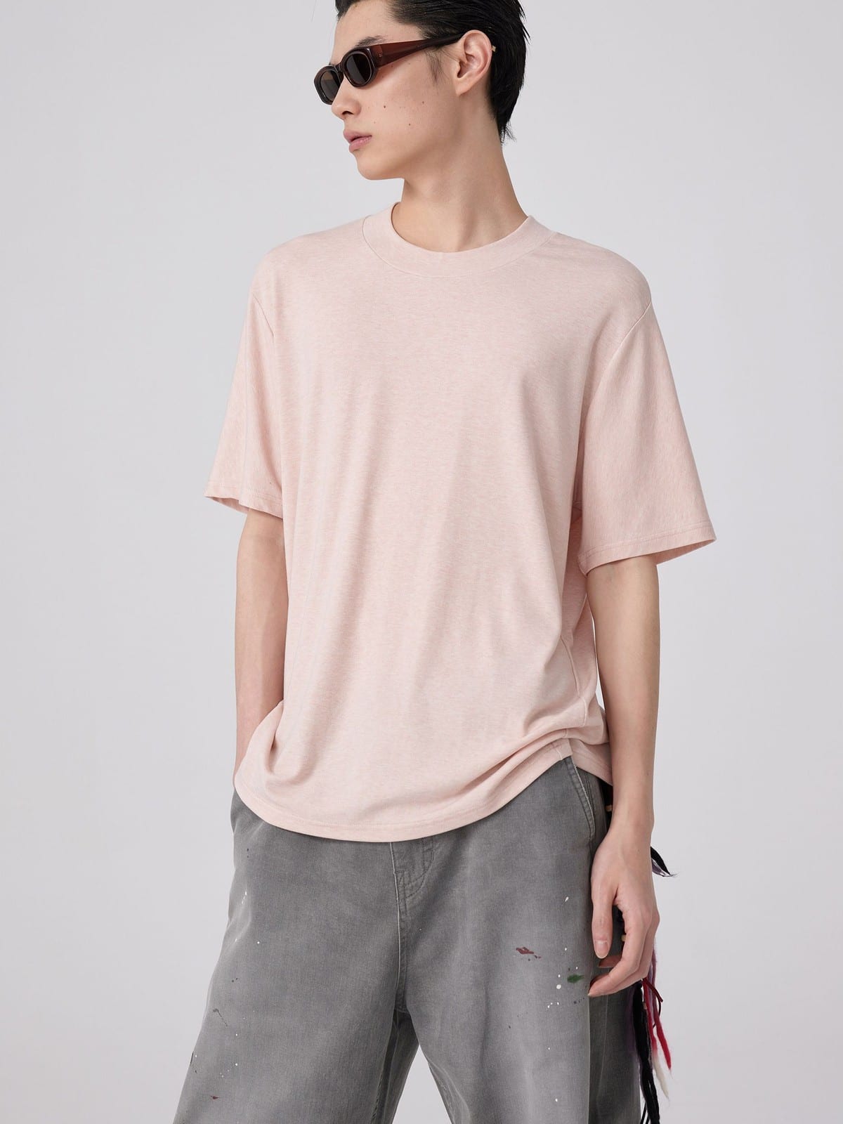 SIMPLE PROJECT Wool Blend Crewneck T Shirt in Pink - On Male Model
