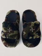 SMFK Cross Hardware Shearling High Heel Mules in Olive
