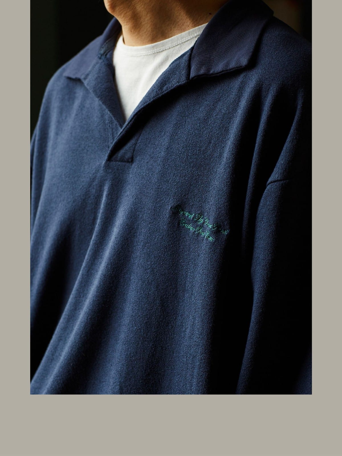 USAGE Oversized Textured Long Sleeve Polo in Navy Blue - On Male Model