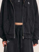 SMFK Washed Cotton Zip Up Hoodie in Gray - On Female Model