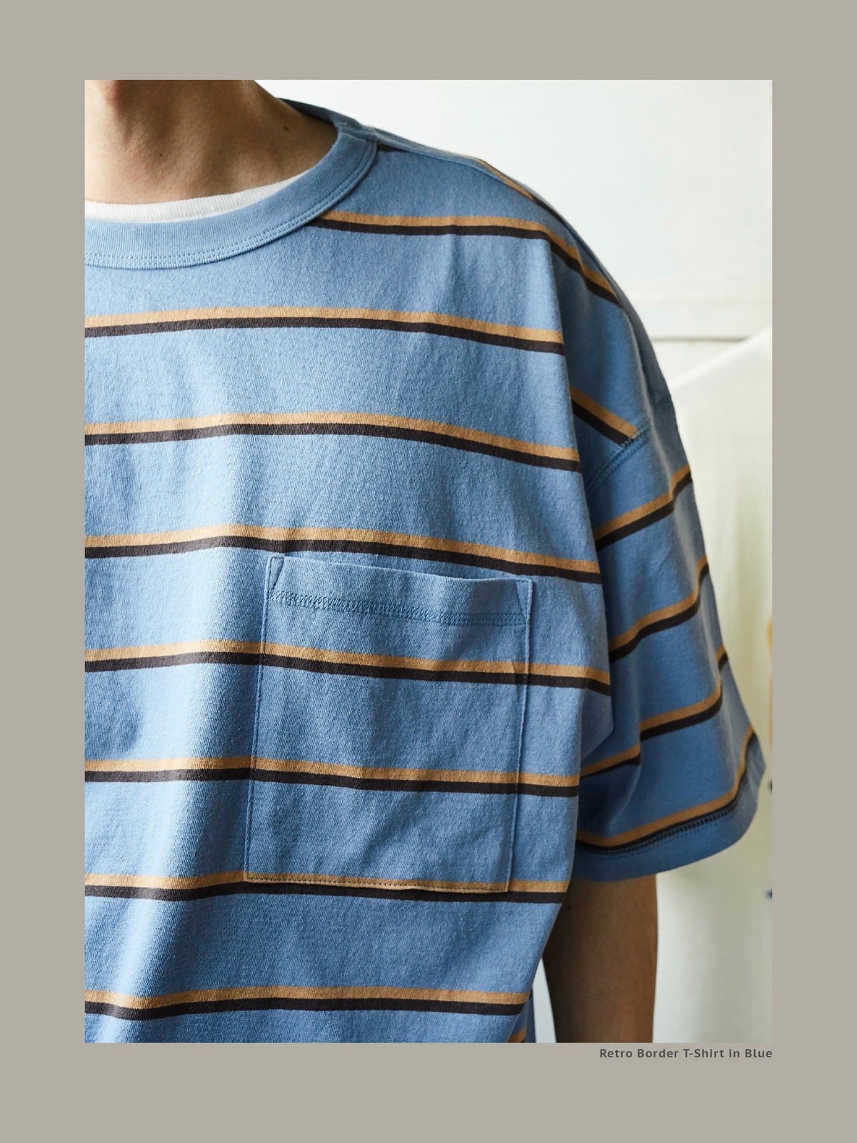 USAGE Retro Striped Cotton T Shirt in Blue - On Model