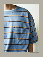 USAGE Retro Striped Cotton T Shirt in Blue - On Model
