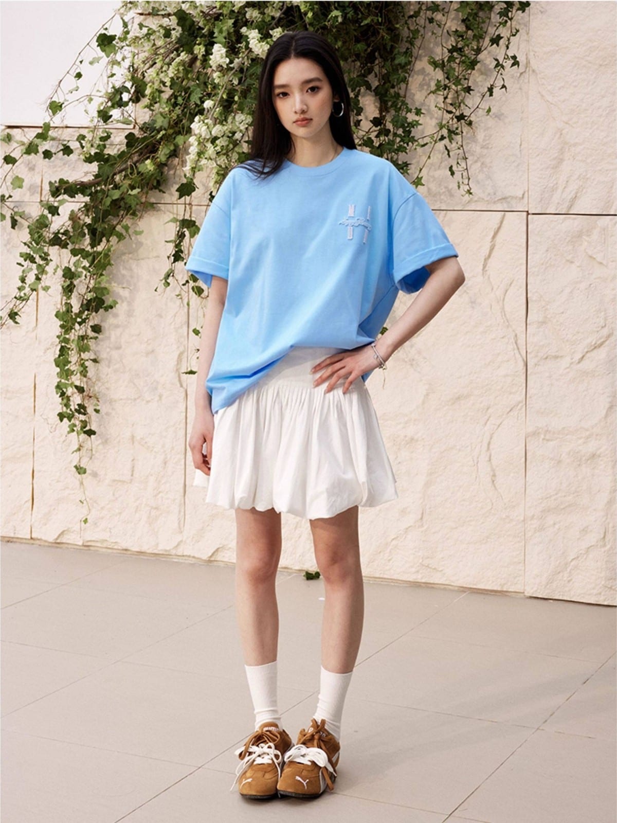 MEDM Tufted Logo Cotton T Shirt in Sky Blue - On Female Model