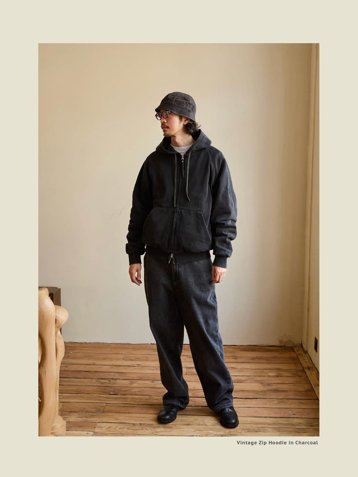 USAGE Vintage Washed Double Layer Zip Hoodie in Black - On Male Model