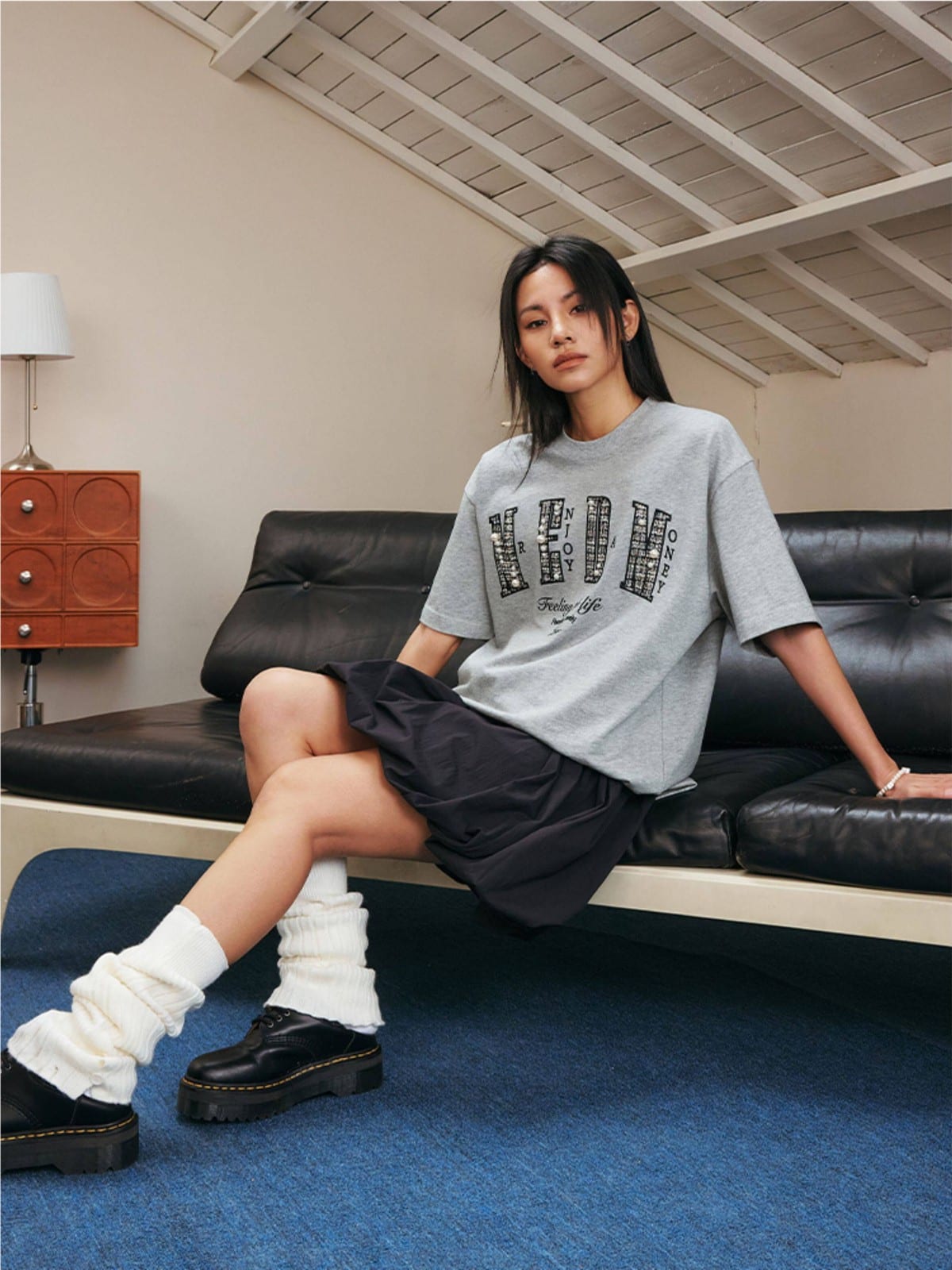MEDM Pearl Embellished Letter Cotton T Shirt in Gray - On Female Model