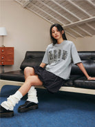 MEDM Pearl Embellished Letter Cotton T Shirt in Gray - On Female Model