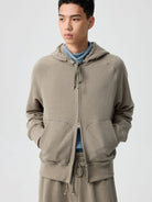 SIMPLE PROJECT Cotton Blend Zip Up Hoodie in Beige - On Male Model