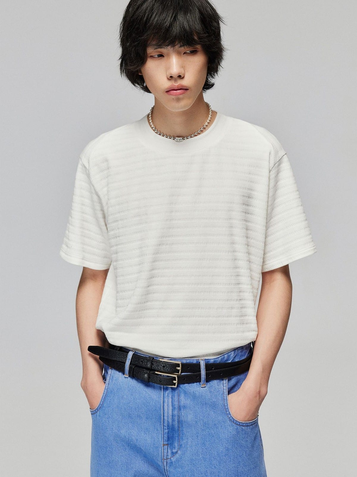 SIMPLE PROJECT Textured Diagonal Paneled T Shirt in White - On Male Model