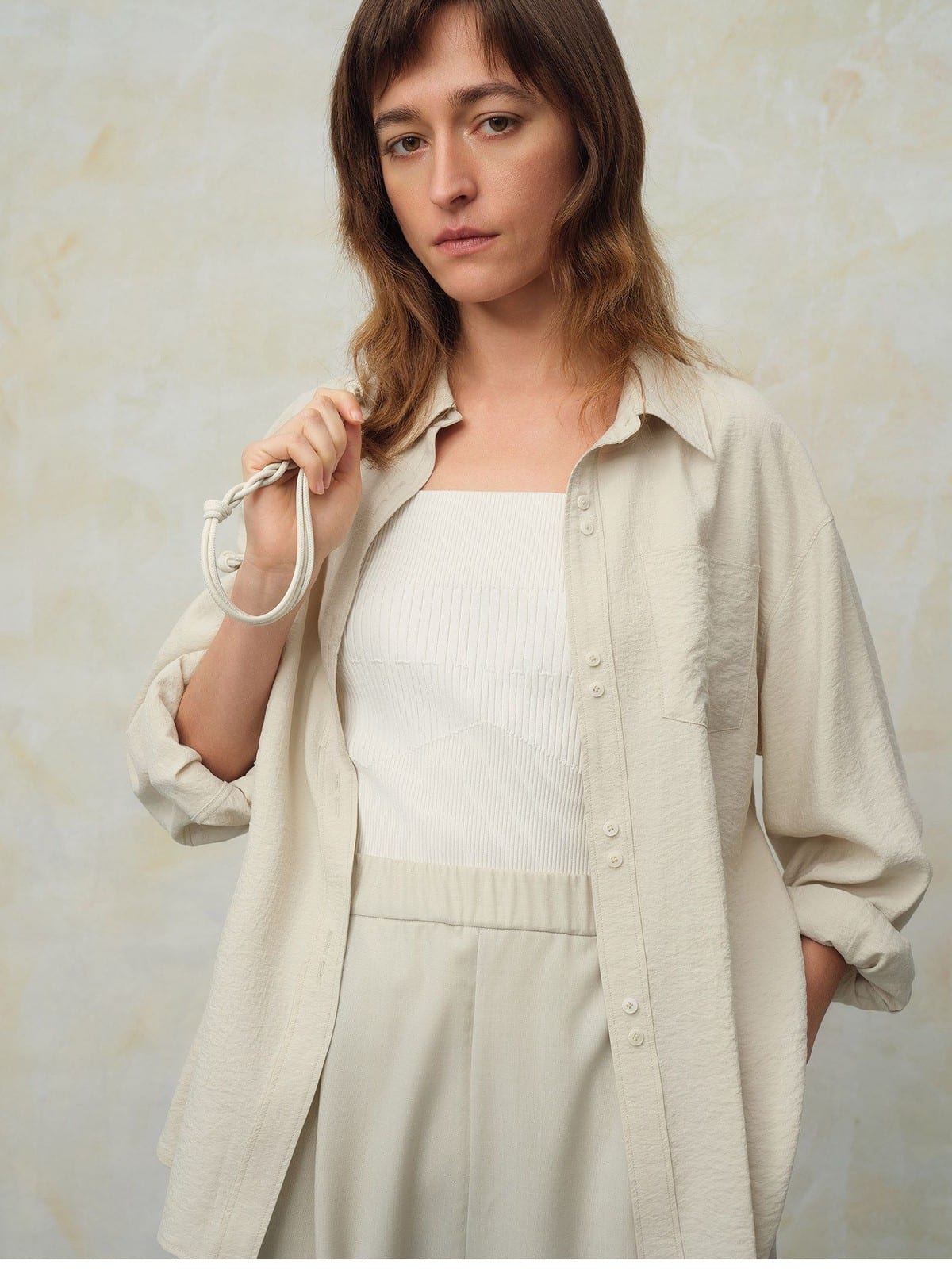 TEASEL Crinkled Silk Blend Short Sleeve Top in Beige - On Female Model