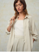 TEASEL Crinkled Silk Blend Short Sleeve Top in Beige - On Female Model